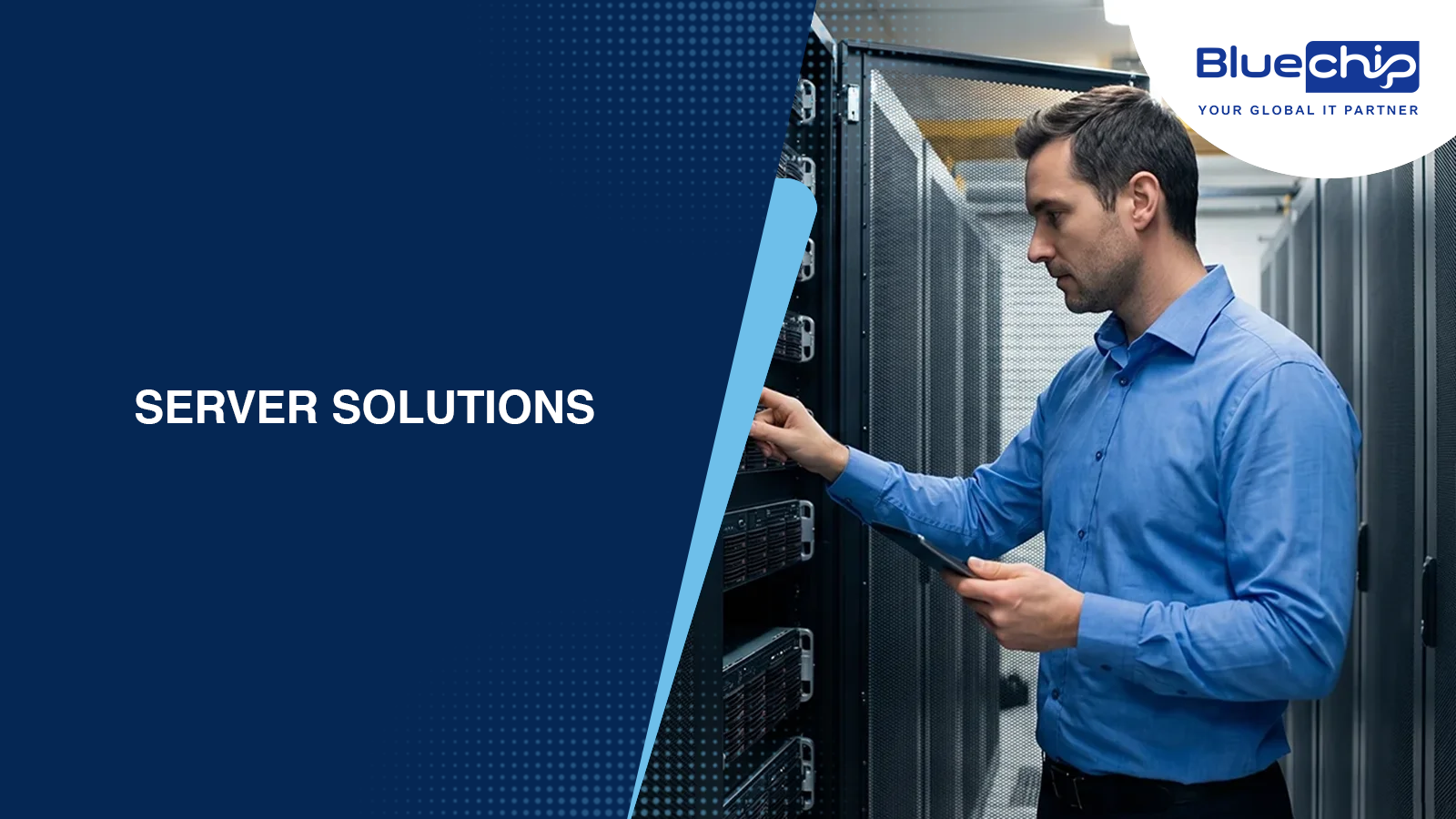 IT technician managing rack servers in a data center — Bluechip India Server Solutions