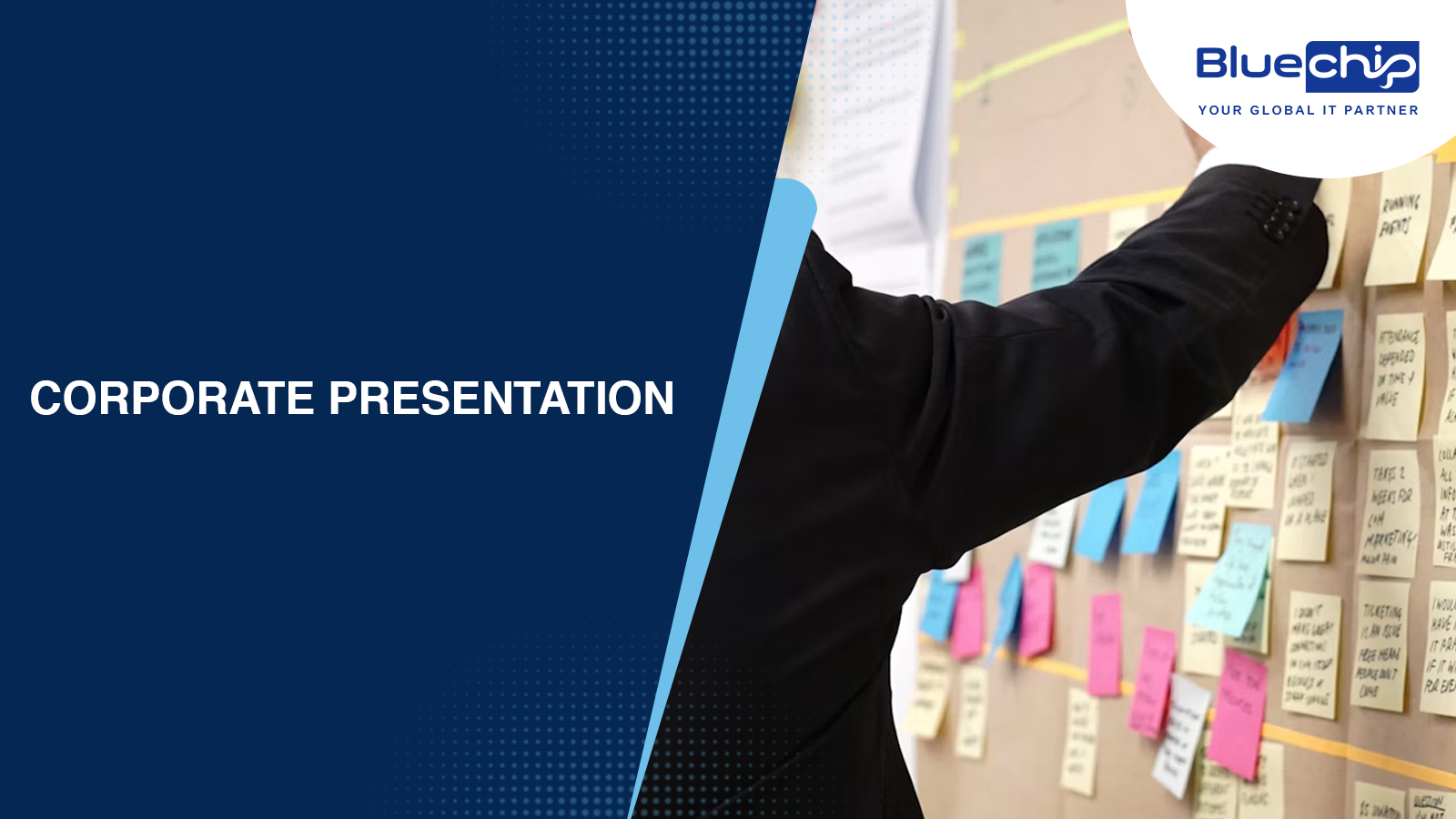 Bluechip India corporate presentation slide with person organizing sticky notes on a planning board