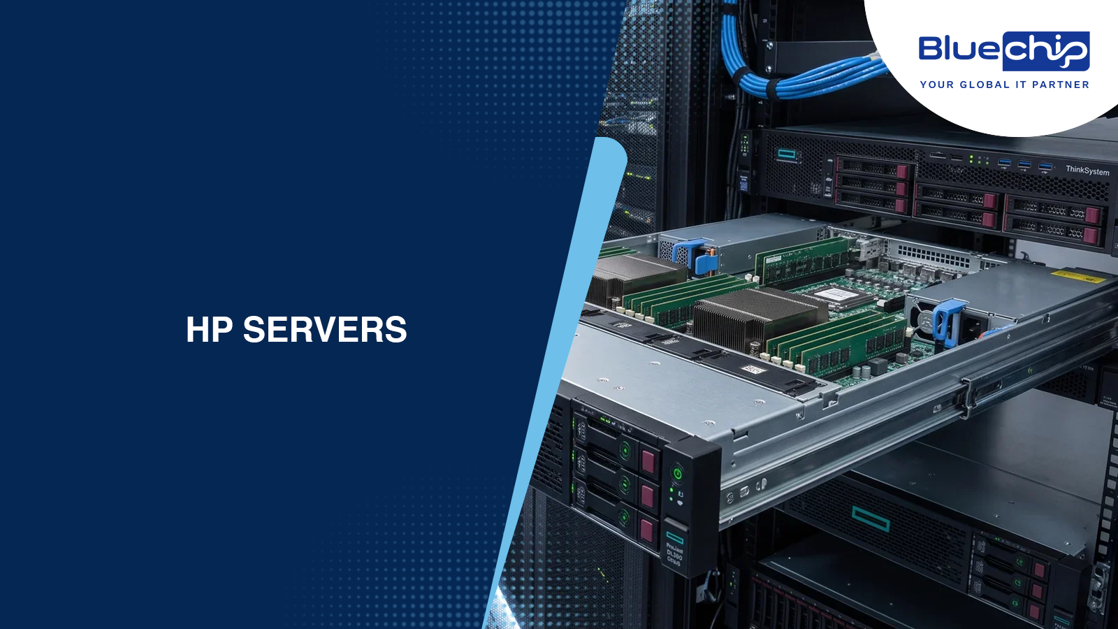 HP ProLiant DL380 server with open chassis showing RAM modules, displayed in a rack — Bluechip India