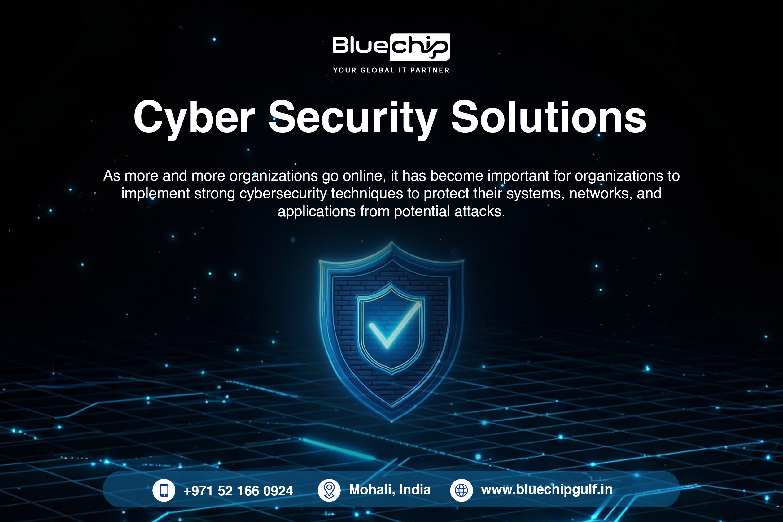 Bluechip cyber security solutions promotional banner with shield icon and contact details for Mohali, India