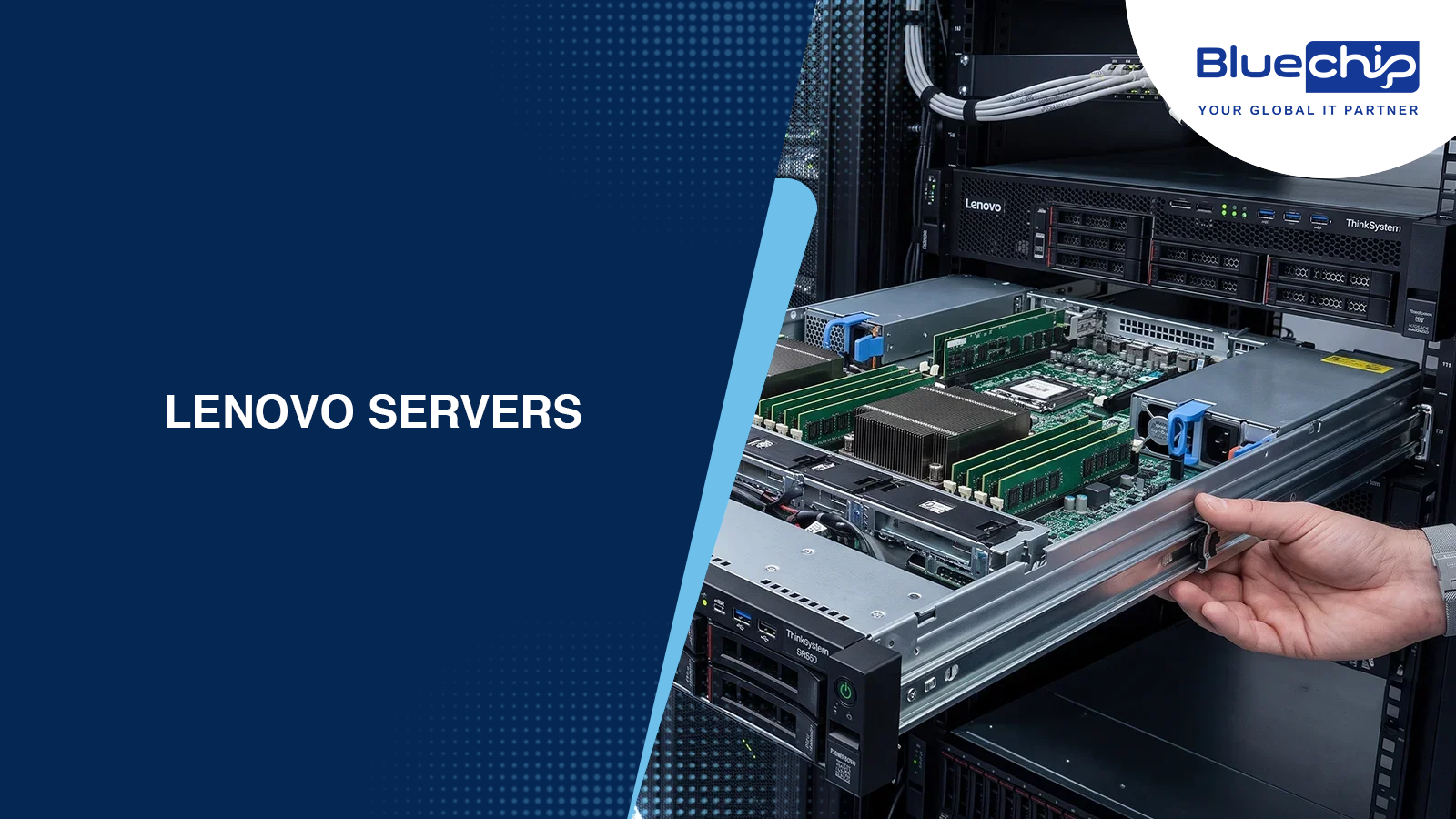 Lenovo ThinkSystem SR650 rack server being installed, with open chassis showing RAM and heatsinks