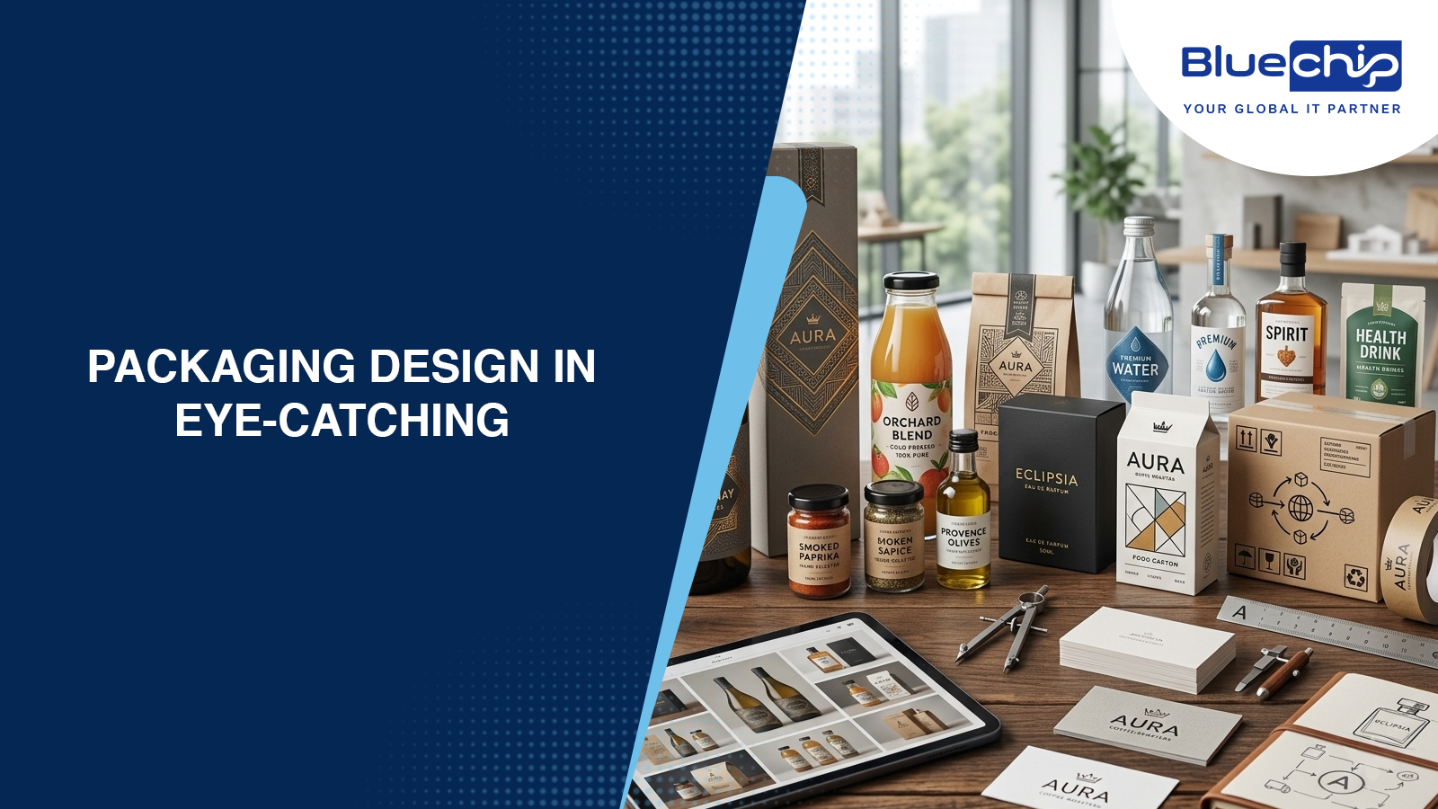 Packaging design services showcase with branded product mockups — Bluechip India creative solutions