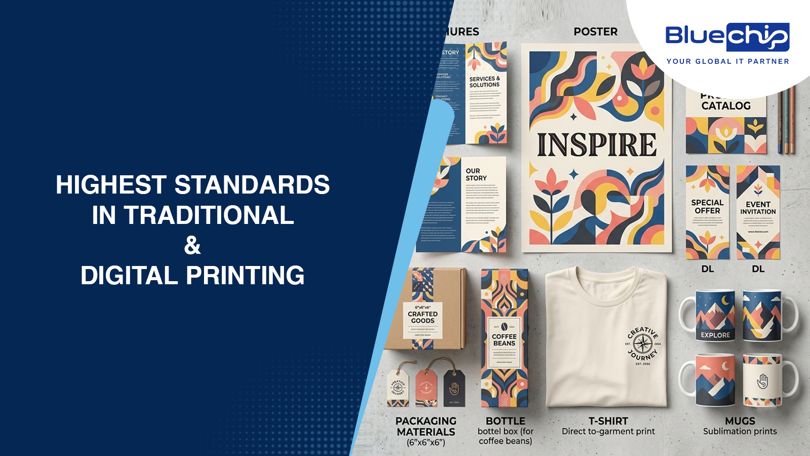 Bluechip printing services showcase: posters, mugs, t-shirts, packaging, and brochures with bold geometric designs