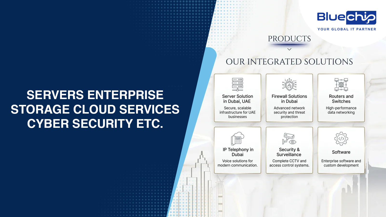 Bluechip integrated IT solutions grid: servers, firewall, routers, IP telephony, surveillance, and software in Dubai