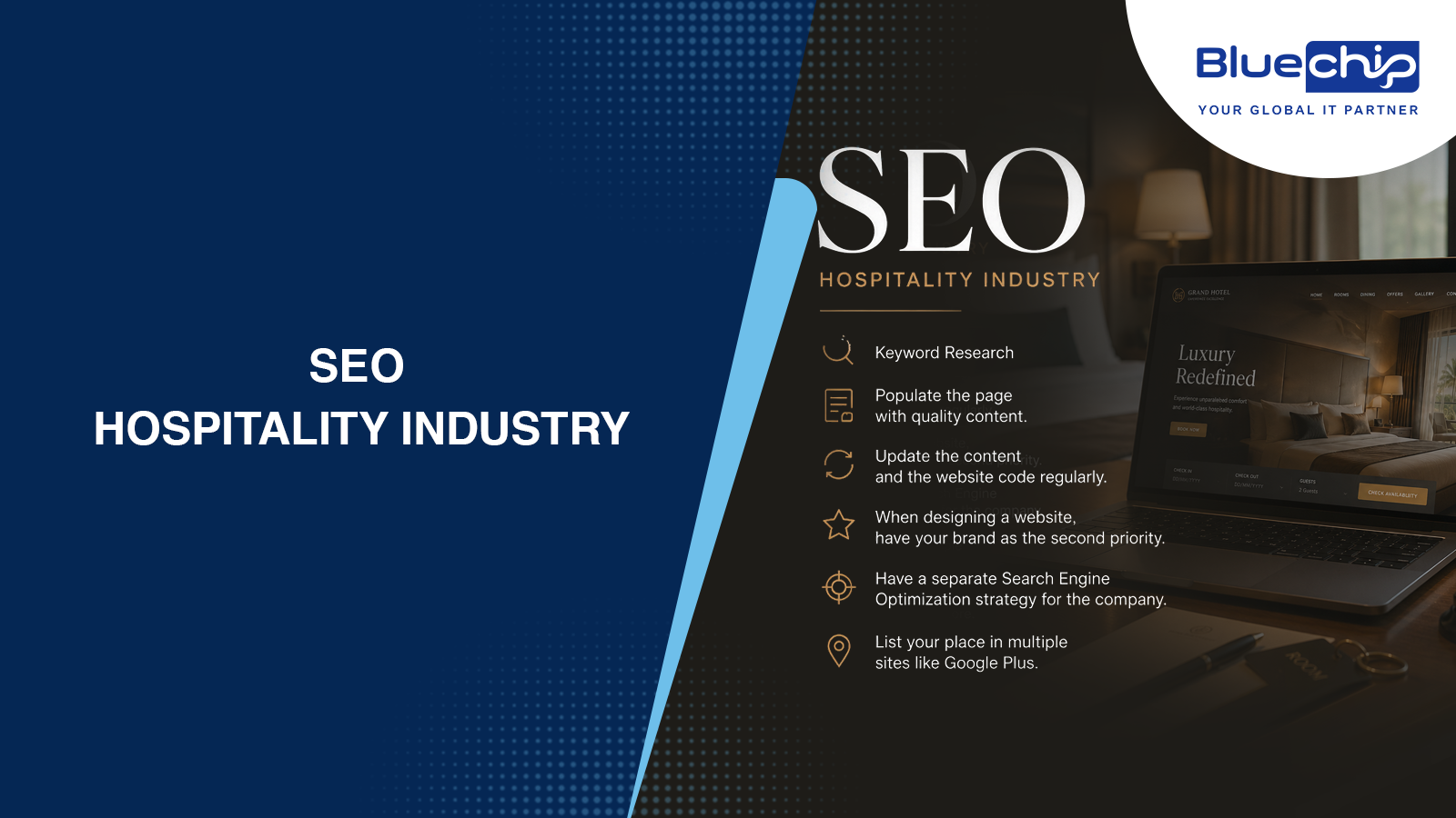 Bluechip India SEO strategies for the hospitality industry infographic with key optimization tips