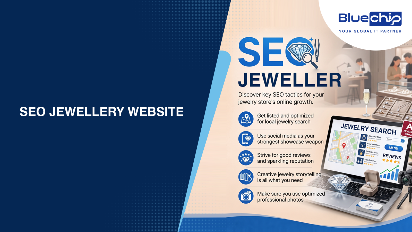 `Bluechip India SEO tips infographic for jewellery websites: local search, social media, reviews, storytelling, photos`