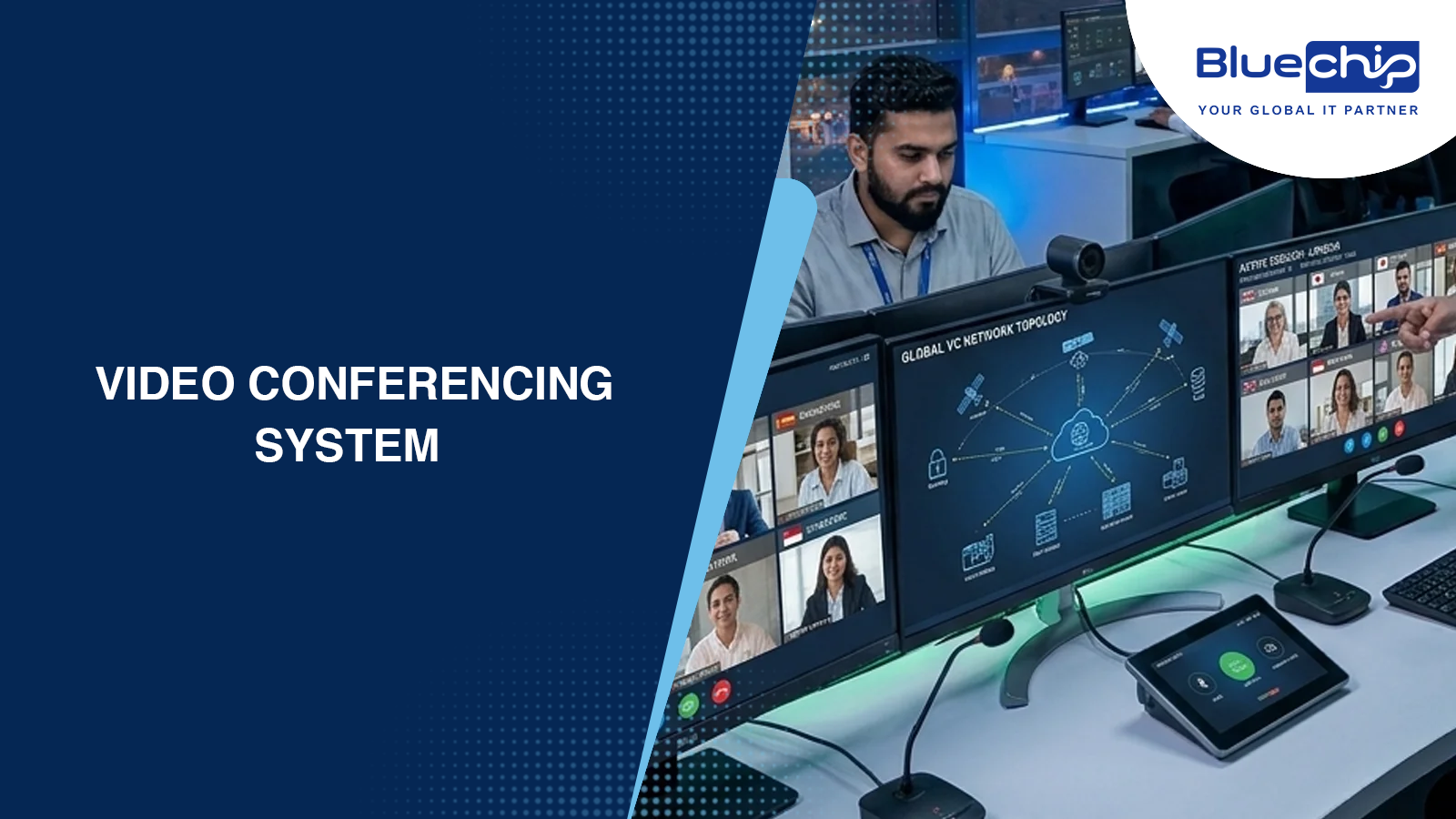 Bluechip video conferencing system setup with multi-monitor display showing global VC network topology