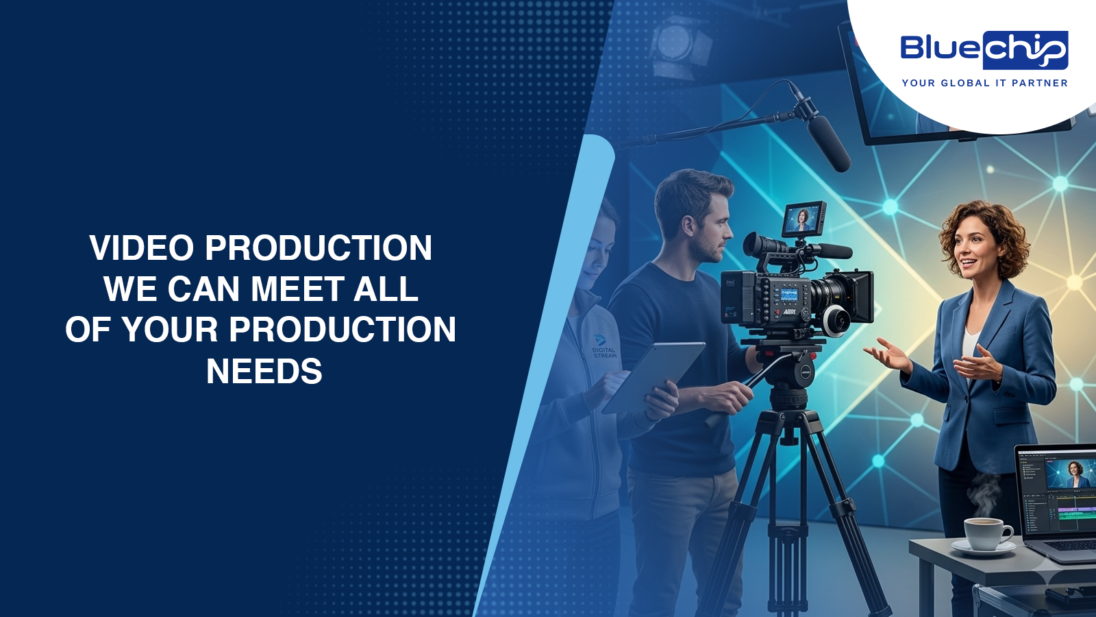 BlueChip video production team filming a presenter in a professional studio setup